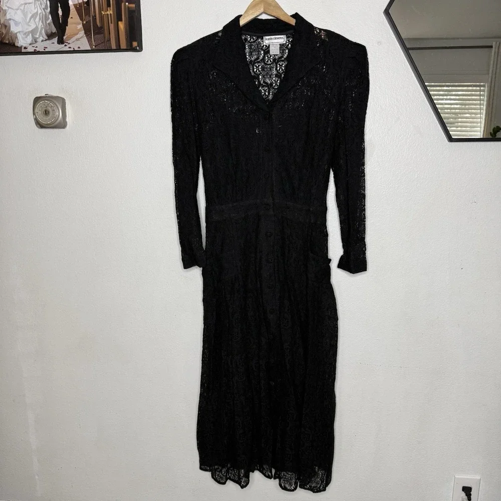 New Vintage Karin Steven's Black Lace Whimsigoth Classic Midi Dress Dark Fairy